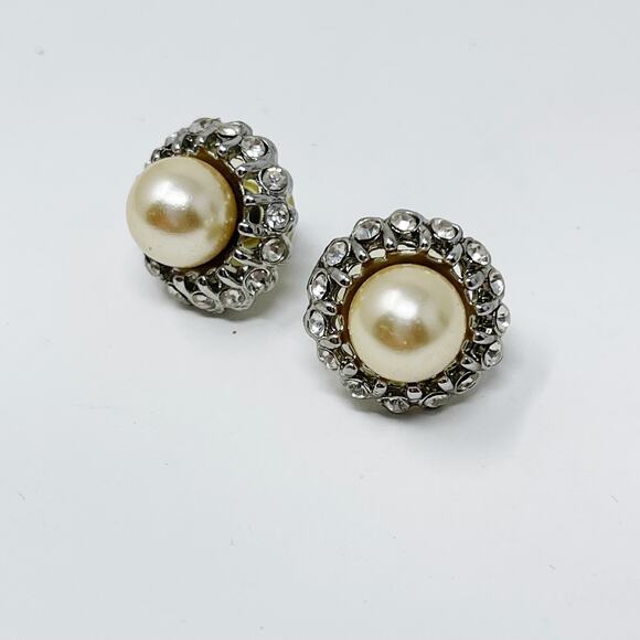 Faux Pearl and Rhinestone Embellished Earrings Chunky Large Silver Tone Fashion - Picture 3 of 4